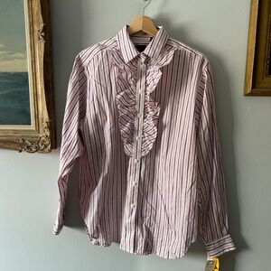 Vintage 90s Pink Striped Ruffle Front peasant blouse Liz Sport M